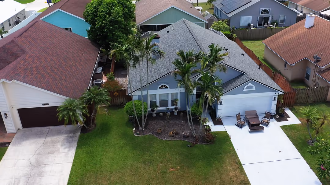 A gray architectural shingle roof over a slate-blue single-story house, with tall royal palms rising from the front lawn
